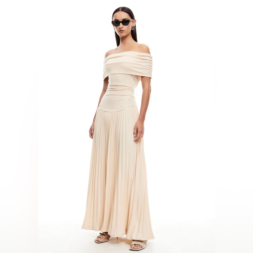 Lioness Cream Off-Shoulder Pleated Maxi Dress